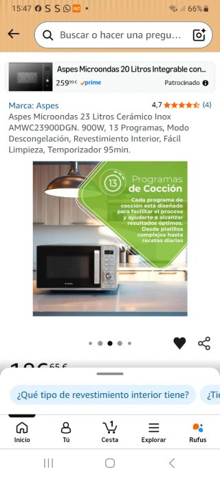 Microondas Aspes 23L Cerámico Inox