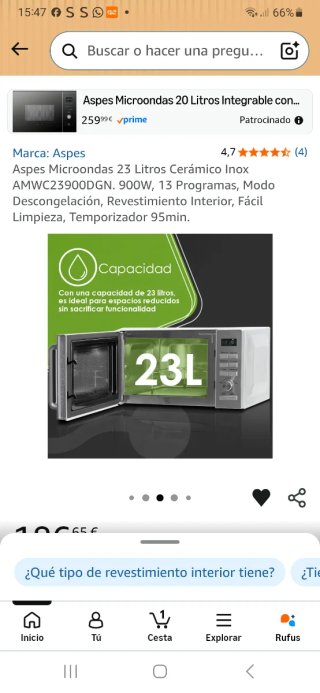 Microondas Aspes 23L Cerámico Inox