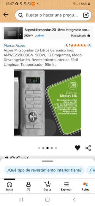Microondas Aspes 23L Cerámico Inox