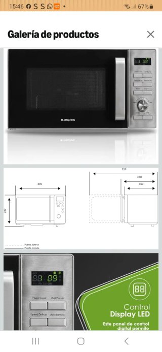 Microondas Aspes 23L Cerámico Inox