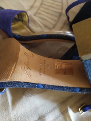 Sandali tacco scamosciato jeans rafia
