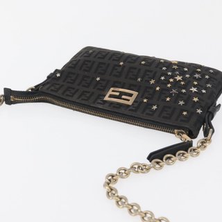 FENDI Zucchino Canvas Chain Shoulder Bag Black