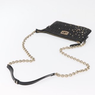 FENDI Zucchino Canvas Chain Shoulder Bag Black