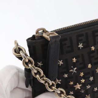 FENDI Zucchino Canvas Chain Shoulder Bag Black