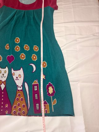 Vestido verde y fucsia con estampado de gatos S