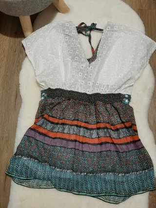 Nueva Blusa Kaftan Talla L 40 Blanca Turquesa