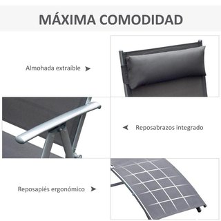 Tumbona Plegable 7 Posiciones Reposabrazos Gris