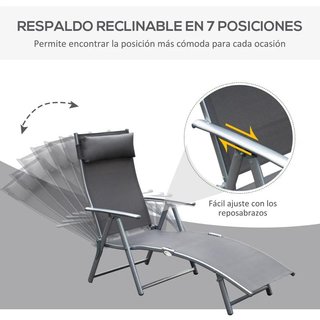 Tumbona Plegable 7 Posiciones Reposabrazos Gris