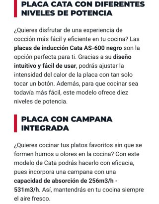 Placa Inducción Cata AS600 Con Extractor Negro