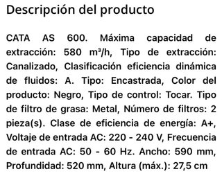 Placa Inducción Cata AS600 Con Extractor Negro