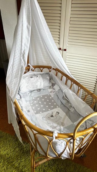 Serón Cuna Bebé Mimbre con Dosel Blanco