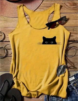 Camiseta tirantes mostaza con gato