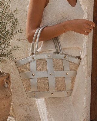 Bolso Rafia y Piel Plateado