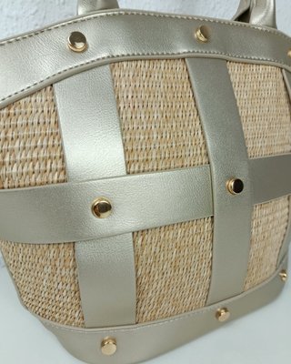 Bolso Rafia y Piel Plateado