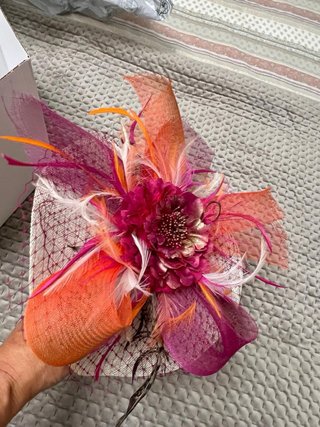 Tocado fiesta boda naranja y rosa
