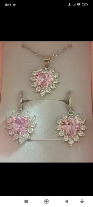 Conjunto Plata Collar y Pendientes Corazón Rosa