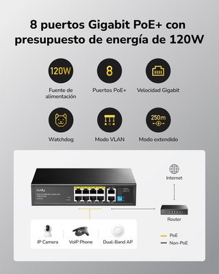 CUDY GS1010P Switch 8 Ptos PoE+ 30W 2 Uplink 120W