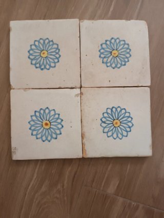 4 Azulejos Cerámicos Antiguos Flor Azul