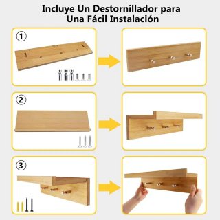 Colgador Bambú con Estante y 3 Ganchos