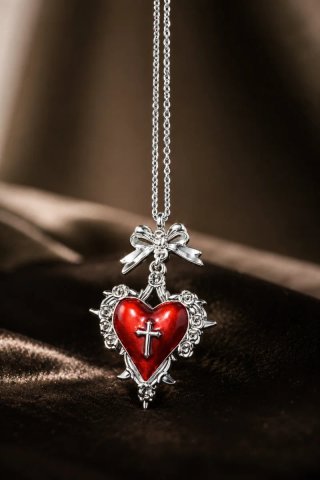 Colgante Corazón Rojo con Cruz y Flores