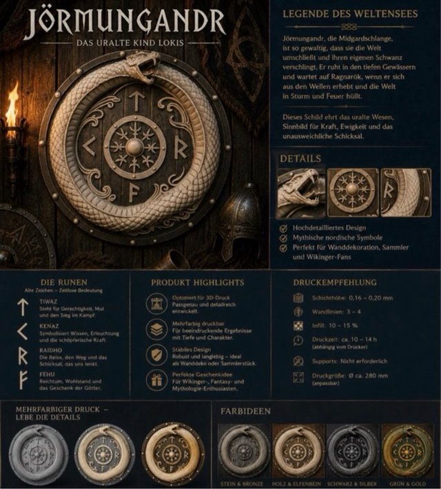 Escudo Decorativo Vikingo – Jörmungandr y Runas