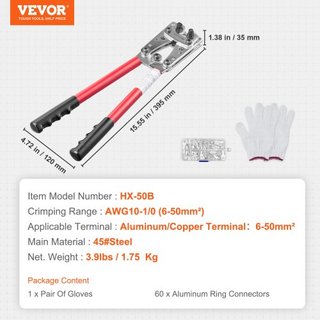 Herramienta de Crimpado de Terminales de Cable de Batería, Crimpadora de Terminales de Aluminio de 10-1/0AWG, con 60PCS Conectores de Anillo de Aluminio, 6 Tamaños de Alambre, Matriz de Crimpado, ...