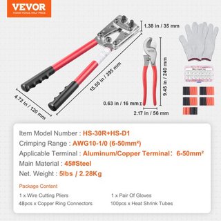 Herramienta de Crimpado de Terminales de Cable de Batería, 10-1/0AWG con Cortador de Cable y 48PCS Terminales de Anillo de Cobre, 6 Tamaños de Alambre de Matriz de Crimpado y 100pcs Tubos Termocon...