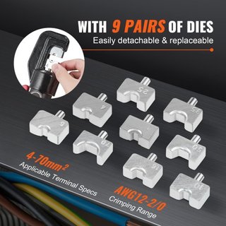 Herramienta de Crimpado Hidráulica con 9 Juegos de Matrices AWG12-2/0 Conectores de Terminal de Cobre y Aluminio Crimpadora de Terminales de Batería, con Alicates de Corte, Guantes, 5pcs Conectore...