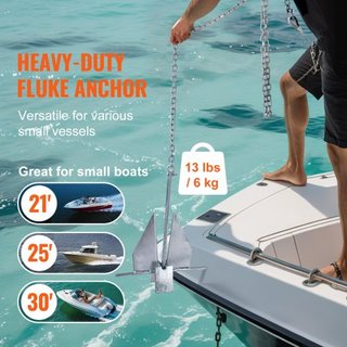 Kit de Ancla Estilo Fluke, Ancla Fluke de 13 LBS de Acero Galvanizado Sumergido en Caliente con Cadena de 7.9', Cuerda de 101' y Dos Grilletes de 0.4", Ancla Marítima para Pequeñas Embarcaciones d...