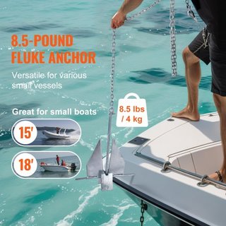 Kit de Ancla Estilo Fluke, Ancla Fluke de Acero Galvanizado de 8.5 LBS con Cadena de 7.9', Cuerda de 75' y Dos Grilletes de 0.4", Ancla Marítima para Pequeñas Embarcaciones de Menos de 18', Mares,...