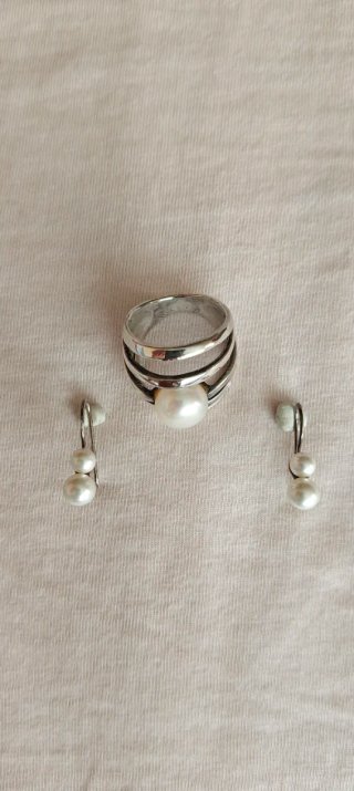 Anillo,pendientes: plata,perla