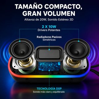 ALTAVOZ BLUETOOTH 20W IPX7 RGB TWS DSP BASS+ USB-C