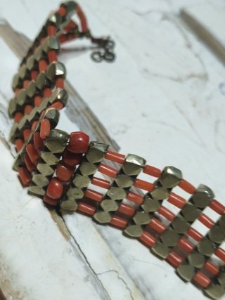 Pulsera India Antigua rojo   y plata