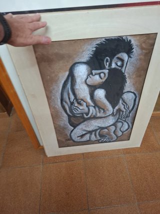 Cuadro Óleo Abrazo Papel Marrón/Gris
