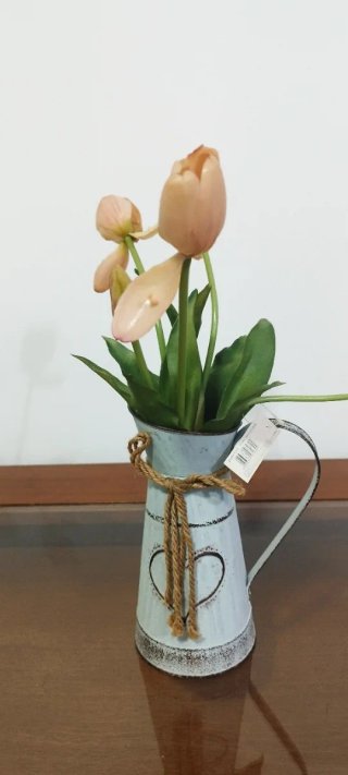 Jarra decorativa flores artificiales metal