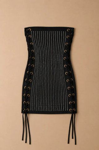 Vestido Negro con Brillos y Lazos