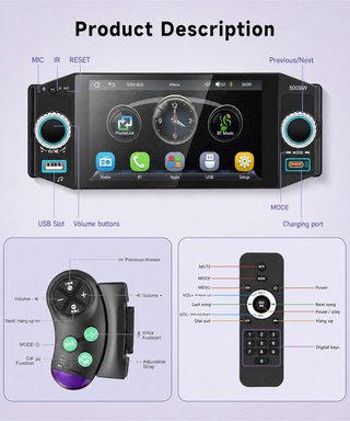 Radio Coche 1 DIN Carplay Inalámbrico Rimoody