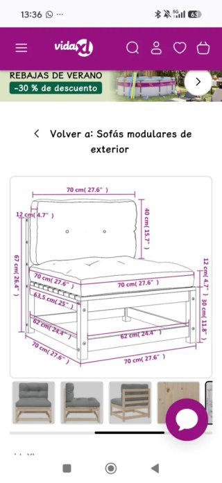 Conjunto sofá (4 módulos)y mesa exterior madera