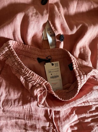 Conjunto Zara 100 % Lino Bomber y Bermuda Rosa XS