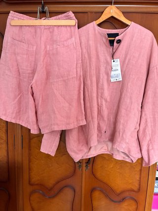 Conjunto Zara 100 % Lino Bomber y Bermuda Rosa XS