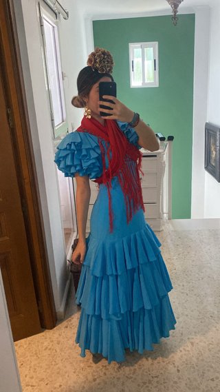 Traje de flamenca azul con volantes TALLA M