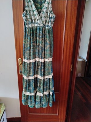Vestido largo verde y turquesa