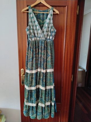 Vestido largo verde y turquesa