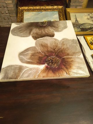 Cuadro Óleo Flores Marrones y Plateadas
