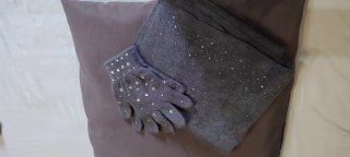 Sciarpa e guanti grigi con strass