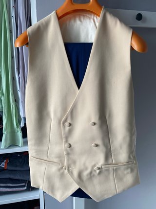 Chaqué Novio Azul y Chaleco Amarillo-Beige