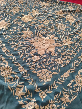 Mantón de Manila Artesanía Textil Beige/Azul