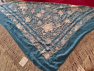 Mantón de Manila Artesanía Textil Beige/Azul