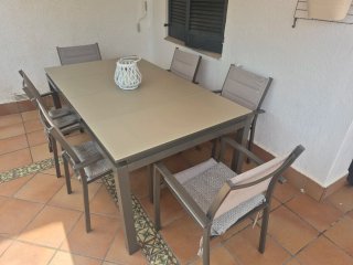 Mesa jardín extensible + funda, 6 sillas y cojines