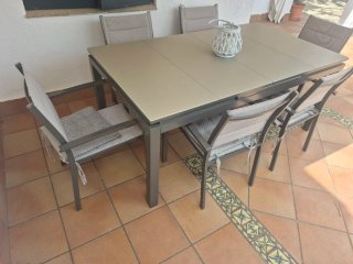 Mesa jardín extensible + funda, 6 sillas y cojines